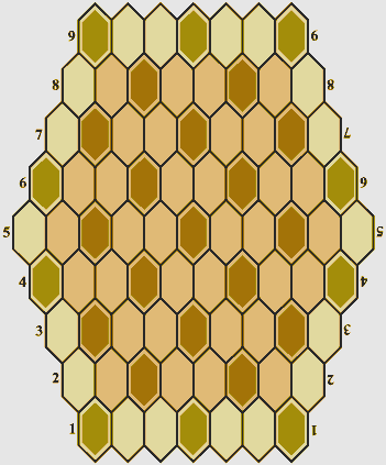 hexagonal geometrical forms of tokens and cells of playing board